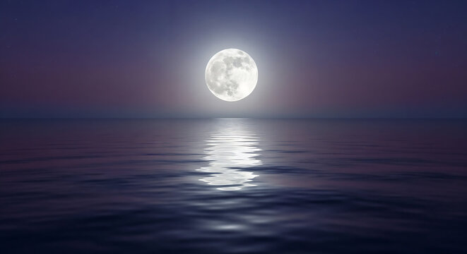 Full moon reflecting on calm ocean surface.