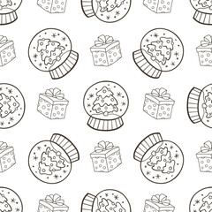 Seamless pattern of Christmas snow globes and gift boxes