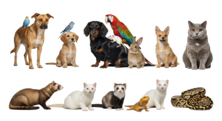 Diverse domestic & exotic pets, including unique gentle interactions, on a seamless transparent studio background with ample copy space. Concept of peaceful coexistence and harmony