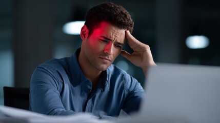 Office worker with headache at laptop, hand on temple and red highlight, late-night overtime stress