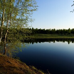 Serene lake landscape with reflections of trees and clear blue sky
