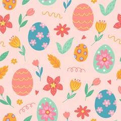 Seamless pattern of Easter eggs and flowers on pink