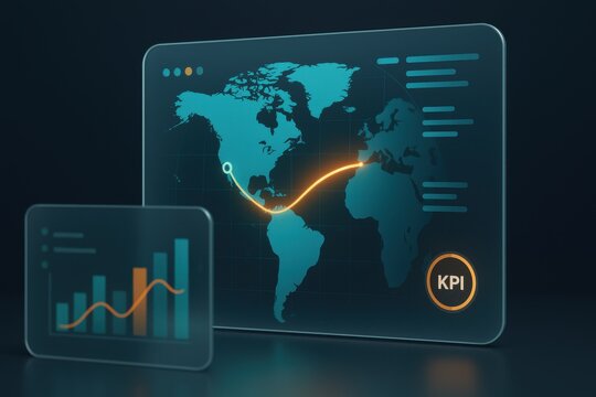 World map with glowing trade route and KPI dashboard for global business analytics 
