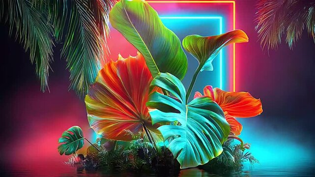 Neon lights illuminate tropical plants and water at night