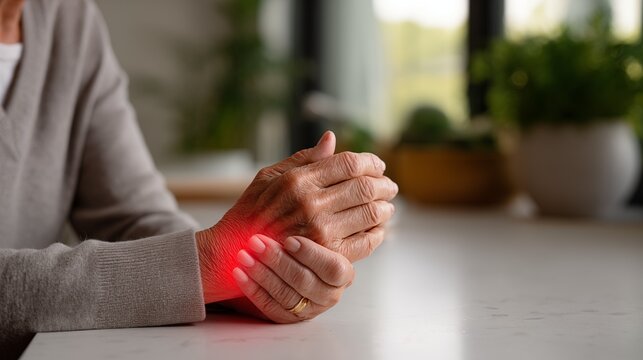 Close-up of senior woman holding painful wrist with red highlight at home, arthritis and carpal tunnel concept