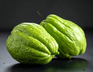Two vibrant green fruits, glistening with water droplets, rest on a dark surface