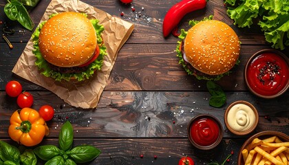 Two delectable hamburgers, garnished with fresh toppings, sit on a rustic wooden surface, surrounded by various condiments and vegetables.