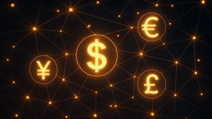 Conceptual image of global finance with glowing currency symbols representing major currencies in a network. - Powered by Adobe