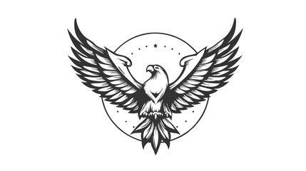 Obraz premium Vintage style eagle illustration with spread wings, majestic bird of prey drawing in black and white, freedom symbol, heraldic animal vector.