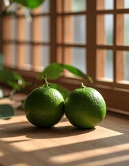 Two vibrant limes on a wooden surface, bathed in sunlight, near a window with a lattice design