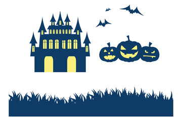 Spooky halloween castle with carved pumpkins and bats flying across a white background isolated on white background isolated on transparent background