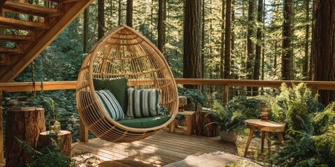A serene, natural wooden deck with a hanging wicker egg chair, surrounded by lush greenery and a dense forest backdrop, bathed in sunlight.