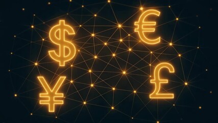 Illuminated currency symbols representing the global financial network on a dark background, showcasing digital economy concepts. - Powered by Adobe