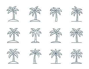Obraz premium Twelve simple line art illustrations of palm trees, varying slightly in leaf and trunk details, set against a plain white background.