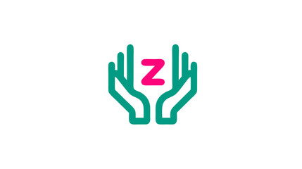 Obraz premium Minimalist line art icon with open teal hands cradling a vibrant pink letter Z, symbolizing care, support, and protection on white.