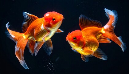 Two vibrant orange and white goldfish in a dark aquarium