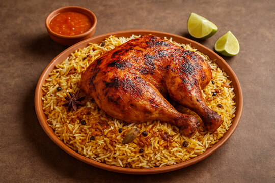 Delicious chicken Mandi tandoor dish. unique mix of spices and cooked in an underground oven. stock photo 