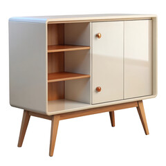 3d retro cream sideboard cabinet with wooden legs isolated on transparent background