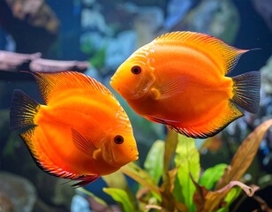 Two vibrant orange fish in an aquarium