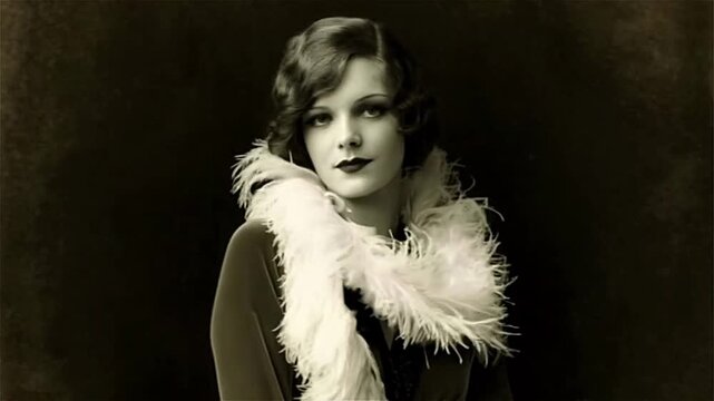 Vintage portrait of a young woman wearing feather boa in studio