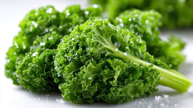 Fresh Green Kale with Water Droplets on White Background, Close-up