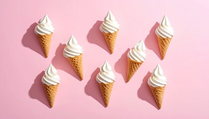 Ice cream cones flat lay on pink. Display or ad, snack background with shadows