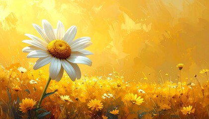 A vibrant field of yellow and white flowers, bathed in golden sunlight, showcases a prominent daisy.