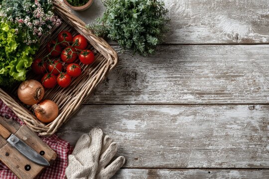 Rustic flat lay with fresh garden produce, herbs, and garden tools.