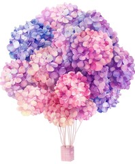 Hydrangeas bouquet, pink and violet tones, held. Gift for events, background blank