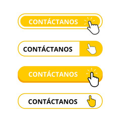 White and yellow contactanos bar button with a hand clicking on a white background (trad. contact us)