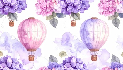 Hydrangeas and hot air balloons against clouds for prints, design, or decoration