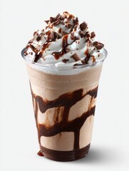 Iced chocolate beverage in a clear plastic cup, topped with whipped cream and chocolate shavings, drizzled with chocolate sauce.  The drink has a light brown color