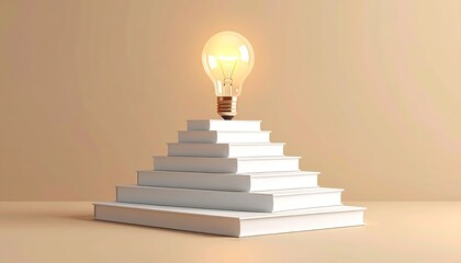 Lit bulb on white stairs represents bright ideas and success in a neutral room
