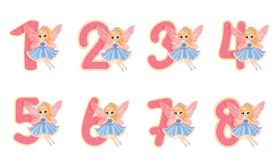 Set of cute and smiling fairy girl with numbers 1, 2, 3, 4, 5, 6, 7, 8 on white background. Birthday Party, Banner, Flyer, Greeting Card. Vector illustration in flat cartoon style