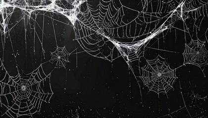 Many spiderwebs against black; Halloween backdrop, spooky design elements