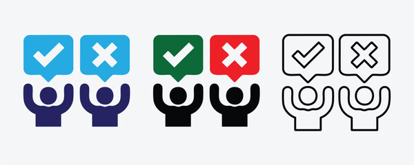 People Holding Speech Bubbles icon with Tick and Cross Symbols in Line and Silhouette Vector Style on White Background