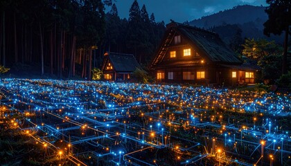 Village houses glowing, lit rice field, night. Rural tourism/travel landscape
