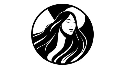 Elegant black and white circular graphic illustration of a serene woman's face with long flowing hair