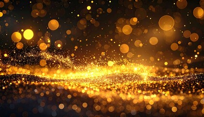 Golden particle wave with bokeh dots for use as a festive background template