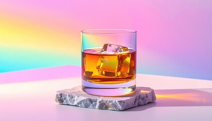 Glass of Whiskey with Ice on White Stone, Background in Pastel. Bar promotion use