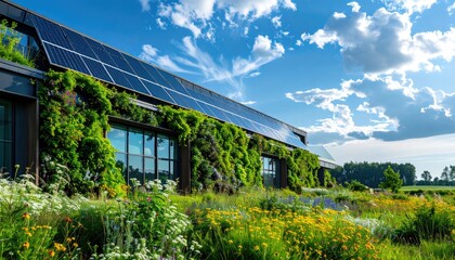 Solar panels building covered in plants. Blue sky background, concept of green energy