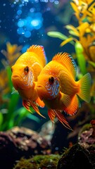 Two vibrant orange-yellow fish in an aquarium