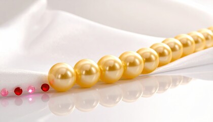 Golden pearls necklace on silk, reflecting light, for luxury goods advertising