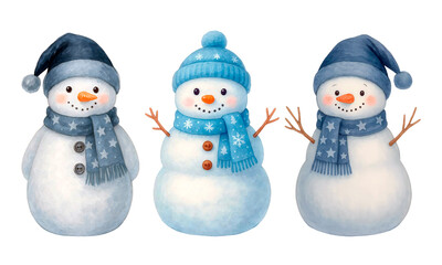 Watercolor Snowmen Trio – Hand-Painted Winter Clipart, Cute Christmas Snowman Illustration for Holiday Decor and Seasonal Designs