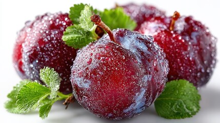 Fresh Plums with Water Droplets and Green Leaves on White Background
