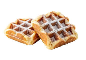 Two crisp, golden-brown square Belgian waffles, distinct and dusted with white powdered sugar, on a transparent studio background with soft light, inviting breakfast concept