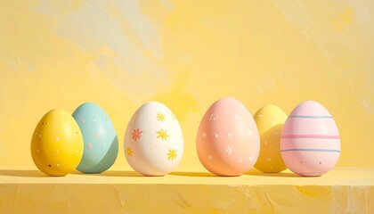 Colorful painted Easter eggs arranged in a row against a soft yellow backdrop.