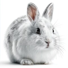 Obraz premium Adorable Fluffy White Rabbit Isolated on White Background, Close-up Portrait