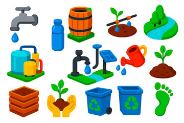 Eco-Friendly Water Solutions. Isometric vector illustration set Water Conservation: water-saving faucet, rainwater barrel, drip