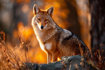 Obraz premium A coyote poses on a rock in a vibrant autumn landscape during sunset. The warm colors of the leaves create a beautiful backdrop, highlighting the animal's features